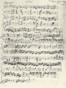 Begin van de pianosonate in A-mineur, KV310. Autograaf door Wolfgang Amadeus Mozart