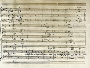 Handgeschreven begin van de portret-aria van Tamino uit Die Zauberflöte door Wolfgang Amadeus Mozart