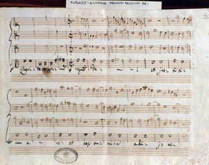 Bladmuziekpagina van Querite primum regnum Dei door Mozart om de titel van Accademico filarmonico te verkrijgen (1770) door Wolfgang Amadeus Mozart