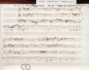 Bladmuziekpagina van Querite primum regnum Dei door Mozart om de titel van Accademico filarmonico te verkrijgen (1770) door Wolfgang Amadeus Mozart
