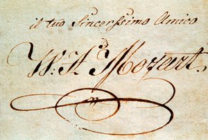 Handtekening van de Oostenrijkse componist Wolfgang Amadeus Mozart (1756-1791)