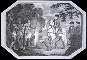 Generaal Burgoyne en de Indianen in 1777, gegraveerd door J. Taylor, uit 