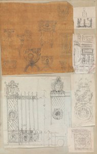 Pagina uit een plakboek met tekeningen en verschillende prenten van architectuur, ca. 1800-1850. Makers: Werkplaats van Charles Percier, Werkplaats van Pierre François Léonard Fontaine door Workshop of Charles Percier, Workshop of Pierre
