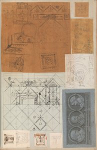Pagina uit een plakboek met tekeningen en verschillende prenten van architectuur, ca. 1800-1850 door Workshop of Charles Percier, Workshop of Pierre