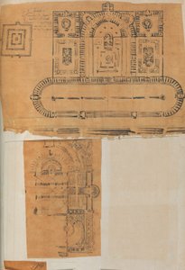 Pagina uit een plakboek met tekeningen en verschillende architectuurprenten