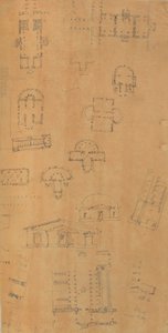 Pagina uit een plakboek met tekeningen en verschillende prenten van architectuur, ca. 1800-1850. Makers: Werkplaats van Charles Percier, Werkplaats van Pierre François Léonard Fontaine door Workshop of Charles Percier, Workshop of Pierre