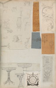 Pagina uit een Plakboek met Tekeningen en Verschillende Afdrukken van Architectuur, ca. 1800-1850. Makers: Werkplaats van Charles Percier, Werkplaats van Pierre François Léonard Fontaine door Workshop of Charles Percier, Workshop of Pierre