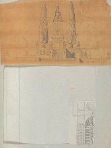 Pagina uit een plakboek met tekeningen en verschillende prenten van architectuur