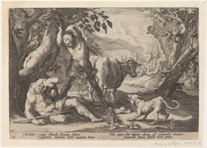 Landschap met Mercurius die zijn zwaard heft om een slapende Argus te doden door Workshop of Hendrick Goltzius, after Hendrick Goltzius