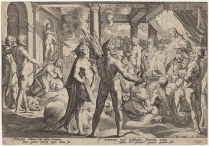 Phaeton vraagt om de wagen door Workshop of Hendrick Goltzius, after Hendrick Goltzius