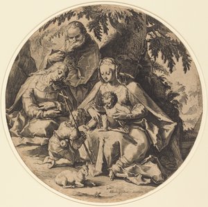 De Heilige Familie met Sint-Elizabeth en Sint-Jan de Doper door Workshop of Jacob Matham, after Hendrik Goltzius