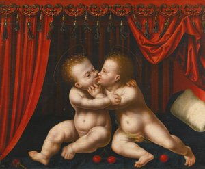 Nederlands: Christus en Johannes de Doper als kinderen De zuigelingen Christus en Johannes de Doper omhelzend