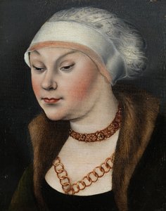Duits: Kopf einer Dame mit weißer Haube (Omphale) Hoofd van een vrouw met een witte bonnet door workshop of Lucas Cranach the Elder