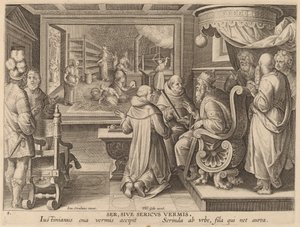 Ser, Sive Sericus Vermis (Zijde, of de Zijderups) door Workshop of Philip Galle after Jan van der Straet