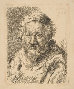 Buste van een oude man in een jas en bontkraag door Workshop of Rembrandt