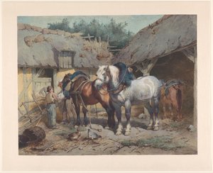 Paarden bij een stal