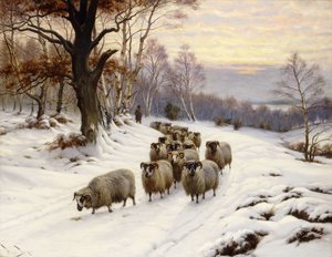Een Herder en zijn Kudde op een Pad in de Winter