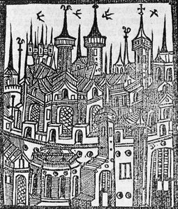 Houtsnede uit The Chronicle of Englonde, 1497 door Wynkyn de Worde
