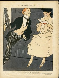 Illustratie van Xavier Gose (1876-1915) in Le Lire, 27/08/10 - De Eerste Reis - Spoorwegtrein, Mannenmode, Overspel