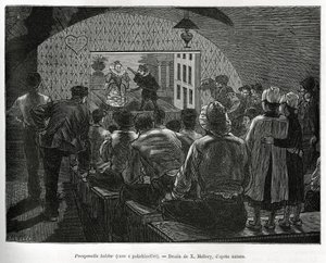 Kelder voor Polichinelles, een kelder ontworpen voor poppenshows. Gravure ter illustratie van het verhaal van België door Camille Lemonnier, gepubliceerd in de Tour du monde onder redactie van Edouard Charton (1807-1890)