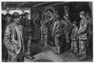 Charbonniere die het standbeeld van Sint-Barbara, beschermheilige van mijnwerkers en brandweerlieden, afbeeldt op de jaarlijkse kermis ter ere van haar. Gravure door X.Mellery, ter illustratie van het verhaal 