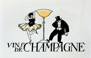 Advertentievignet voor Champagnewijnen die een dansend paar rond een beker voorstellen, 20e eeuw (poster)