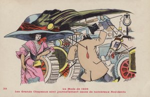 Ansichtkaart die de gevaren van grote hoeden en bijbehorende hoedenspelden satiriseert - de mode van 1909 door Xavier Sager