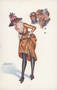 Mooi meisje, trekt haar rok omhoog om wat been te laten zien, tot vermaak van soldaten