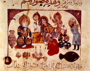Abou-Zayd in de Hanah-taverne, miniatuur uit 