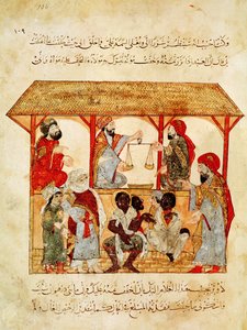 Ms. Ar 5847 f.105, Een Slavenmarkt, uit "Al Maqamat" door Yahya ibn Mahmud Al Wasiti