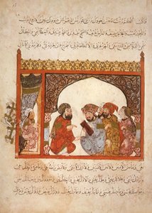 Ms Ar 5847 f.16, Kanselarij Maragha: de gouverneur heeft voorgesteld dat Abu Zayd in zijn dienst treedt, uit Al Maqamat door Al Hariri, ca. 1240