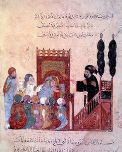 De zwervende navigator Abu-Zayd betreedt de moskee van Maragha. Miniatuur uit de "Maqamat" (Seances) door Abu Mohammed al-Kasim ibn Ali Hariri, verlucht door Yahya Mahmud al-Wasiti in 1237 door Yahya ibn Mahmud Al Wasiti