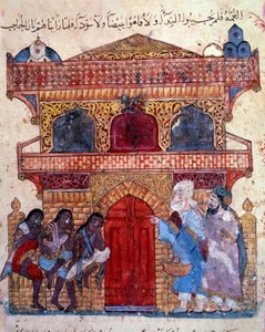 de burger al-Harith (Al Harith), zoon van Hammam, en de zwervende navigator Abu-Zayd (Abu Zayd) voor het paleis van de koning Miniatuur uit de "Maqamat" (Seances) van Abu Mohammed al-Kasim ibn Ali Hariri (of Al-Hariri of Al Hariri) (1054-1122) verluchting