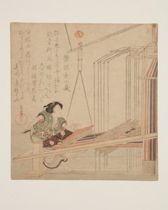 Vrouw die aan een weefgetouw weeft door Yanagawa Shigenobu