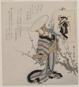 Vrouw bij een Pruimenboom Vergeleken met de Wisteria Maagd (uit een serie vrouwen vergeleken met figuren uit Otsu-schilderijen) door Yanagawa Shigenobu