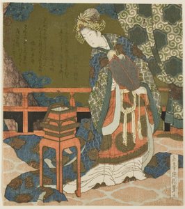Twee Chinese vrouwen die draad en een spinnenweb in een doos onderzoeken, uit de serie "Diptiek voor de drumgroep" door Yashima Gakutei