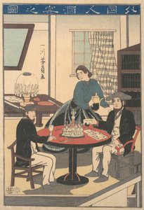 Wijnfeest van een buitenlander Gaikokujin shuen no zu, uit een ongetitelde serie..., 10e maand, 1860 door Yoshikazu