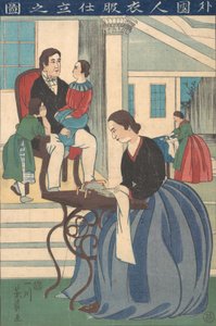 Buitenlandse Familie met Vrouw die Kleren Maakt, 1860 door Yoshikazu
