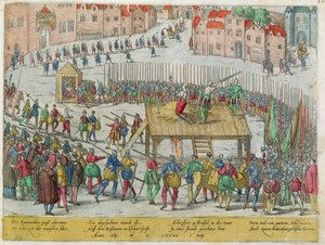De Executie van Twintig Adellijke Leiders inclusief Graven Egmont en Horn door de Hertog van Alva in Brussel door Zacharias (school of) Dolendo