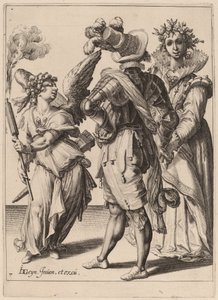 Een geblinddoekte Cupido die een fakkel voor een paar houdt door Zacharias Dolendo after Jacques de Gheyn II