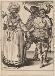 Een Man met een Tulband die een Vrouw met Pauwenveren Leidt door Zacharias Dolendo after Jacques de Gheyn II