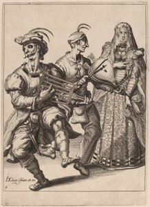 Een gesluierde vrouw met twee muzikanten die een rooster en een blaasbalg bespelen door Zacharias Dolendo after Jacques de Gheyn II