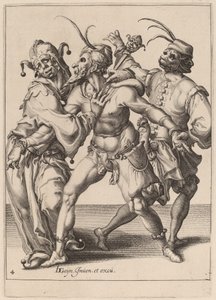 Drie dansende narren, inclusief een nar door Zacharias Dolendo after Jacques de Gheyn II