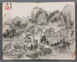 Miniatuuralbum met figuren en landschap (Landschap met twee gebouwen) door Zeng Yandong