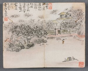 Miniatuuralbum met figuren en landschap, landschap met twee schippers, 1822 door Zeng Yangdong