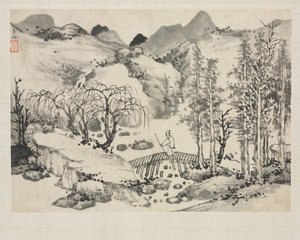 Landschapsalbum in verschillende stijlen: Landschap met kunstenaar op een brug door Zha Shibiao