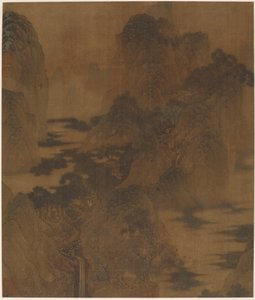 Landschap: bergkloof, mist, een beek en gebouwen door Zhang Hong