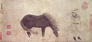 Paard en stalknecht in de winter
