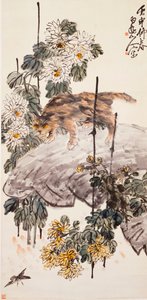 Kat, Vogel en Chrysanten door Zhen Wang