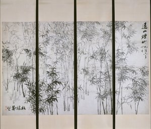 Mistig Bamboe op een Verre Berg, gedateerd 1753 door Zheng Xie